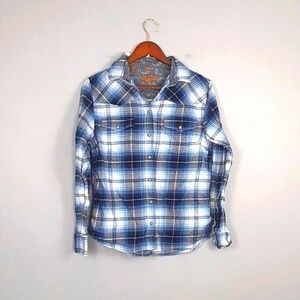 Jachs Girlfriend Bea Navy Blue Plaid Long Sleeve Flannel Shirt
